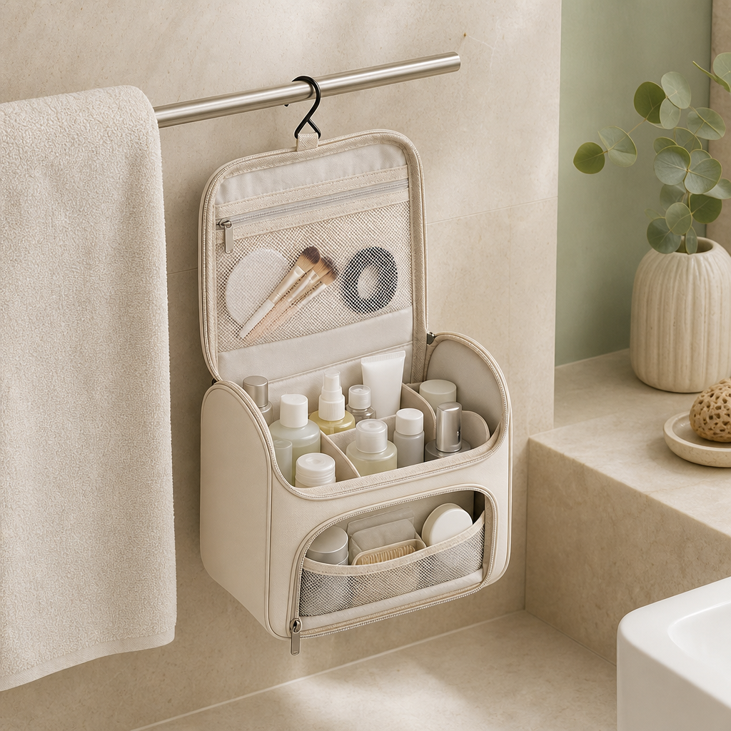 Toilettas Beenlove opgehangen en gevuld voor op reis