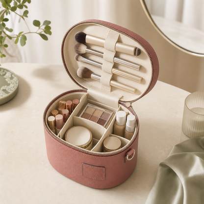 Draagbare make-uptas gevuld met voorbeelden van make-up en verzorging