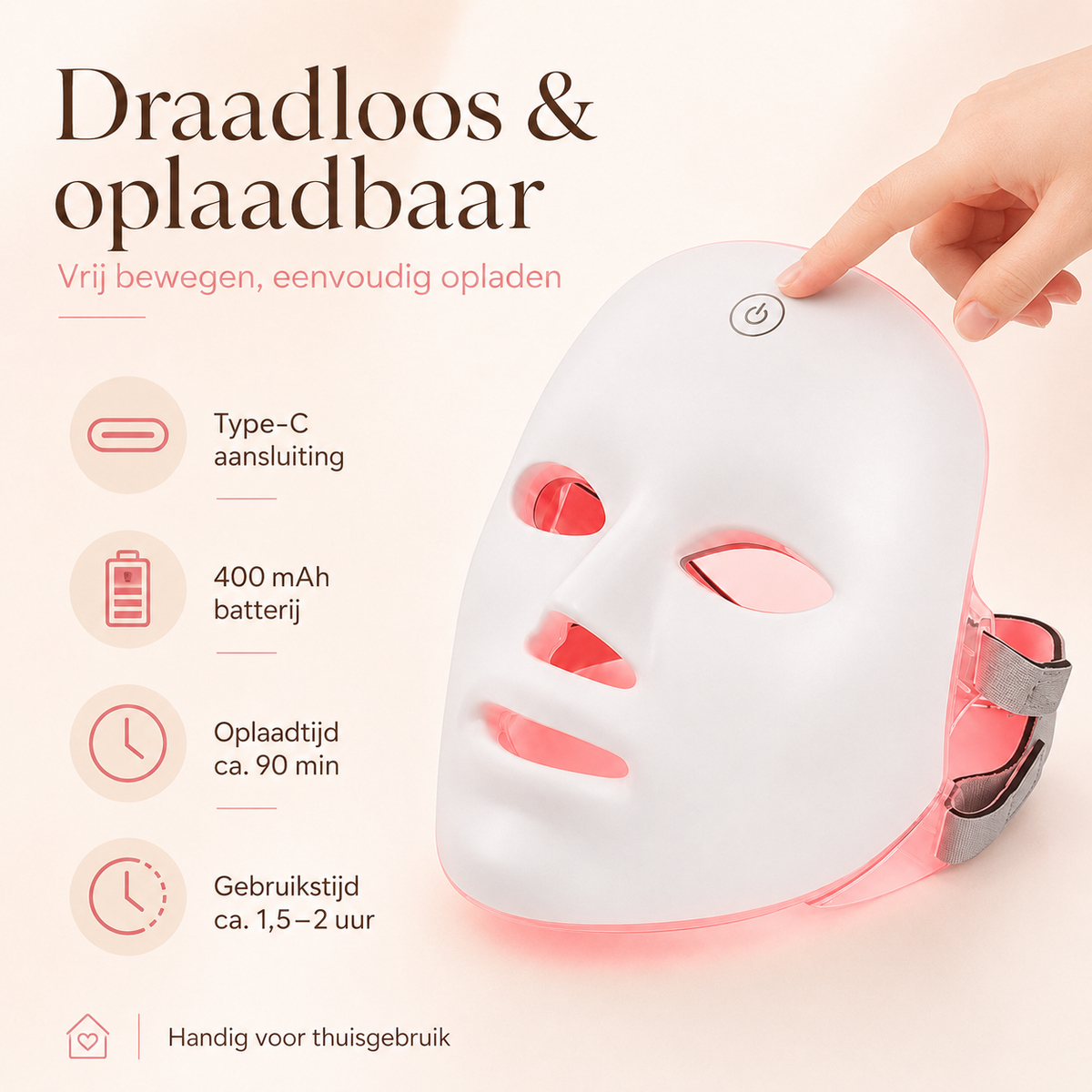 Draadloos oplaadbaar LED-masker met USB-C-aansluiting