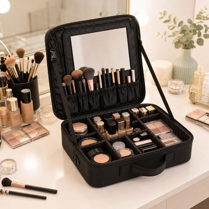 Professionele cosmetische tas met spiegel gevuld met make-up
