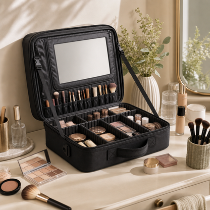 Professionele cosmetische tas met spiegel op een kaptafel