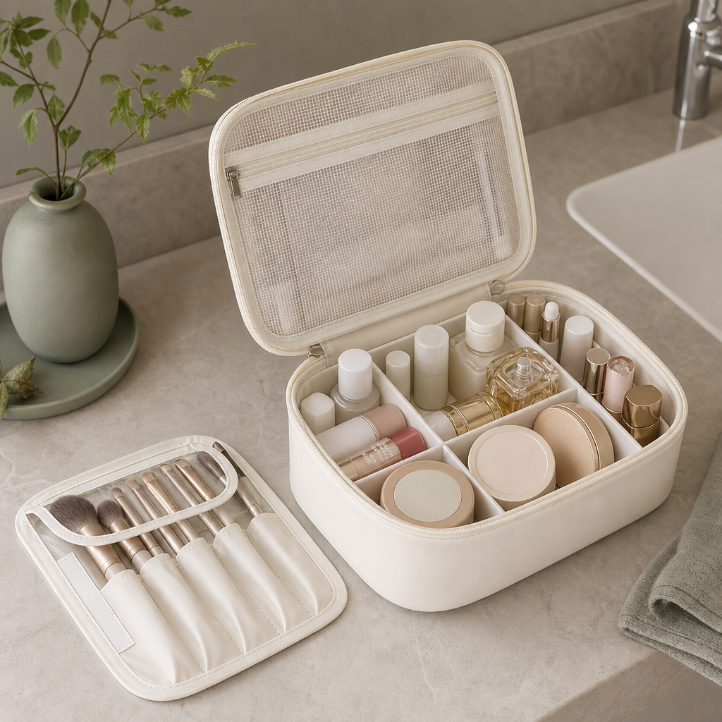 PureTravel Beauty Bag geopend met voorbeelden van make-up en verzorging
